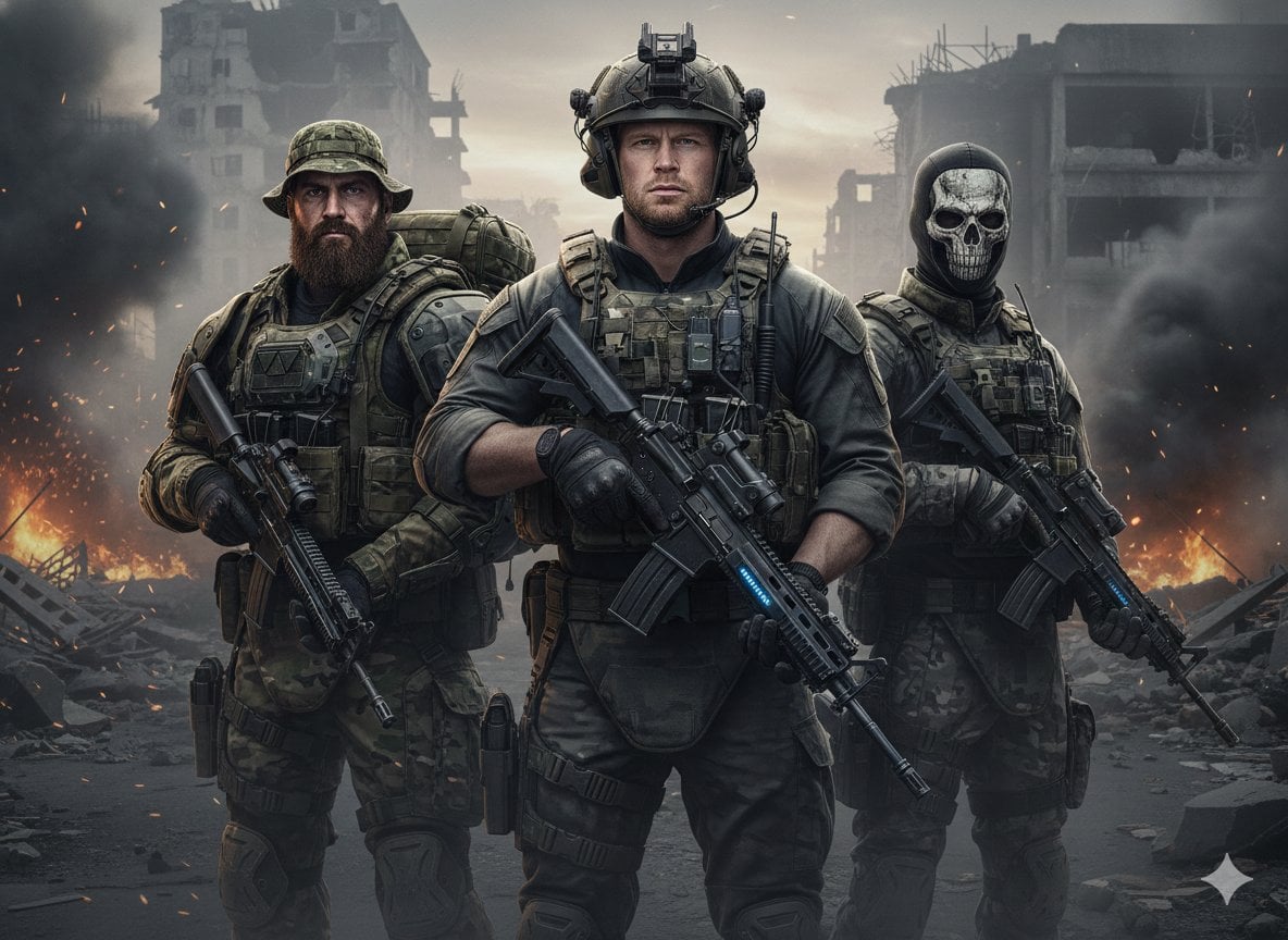 Three armed special forces soldiers stand in a smoky war-damaged street.