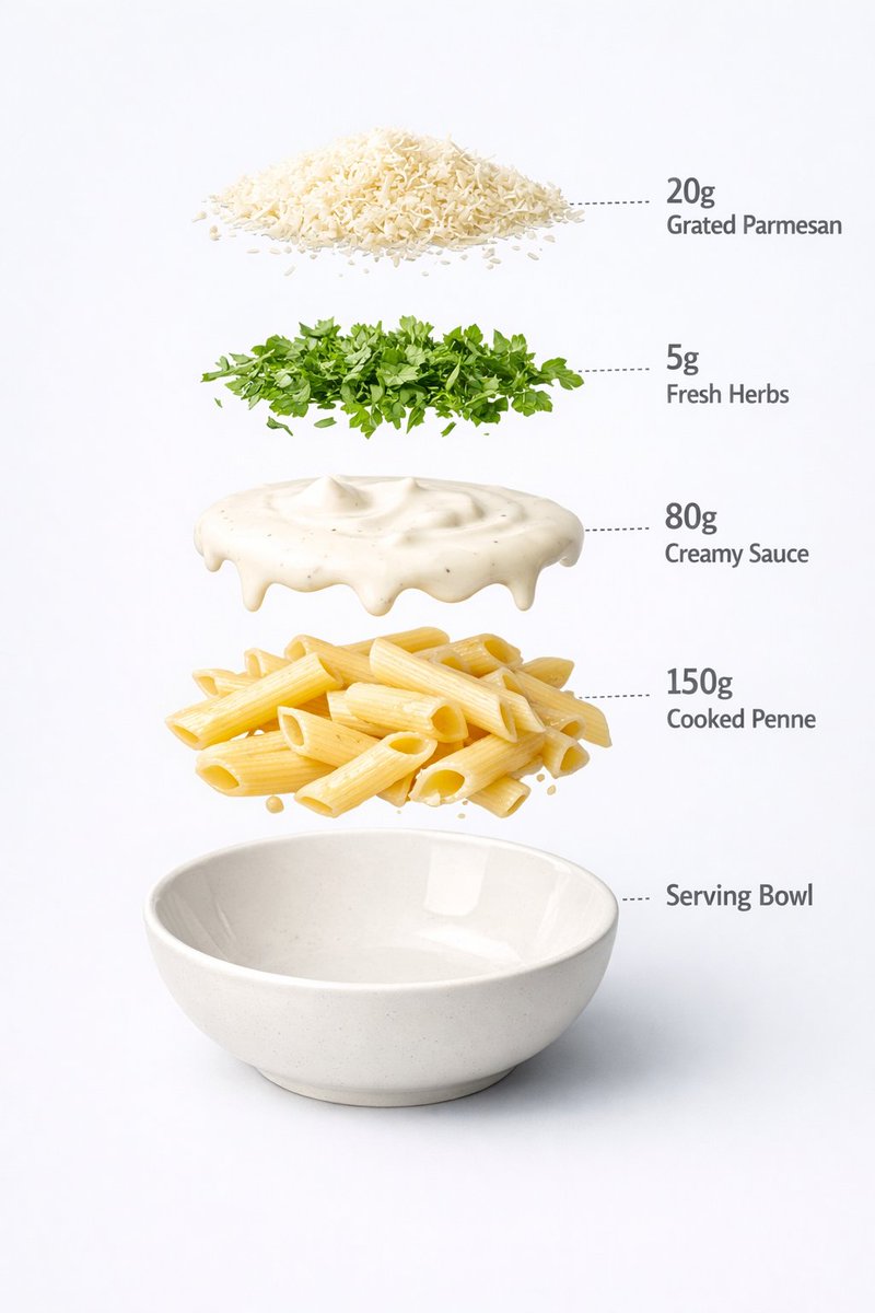Vertical pasta ingredient infographic with parmesan, herbs, cream sauce, cooked penne, and a white bowl.