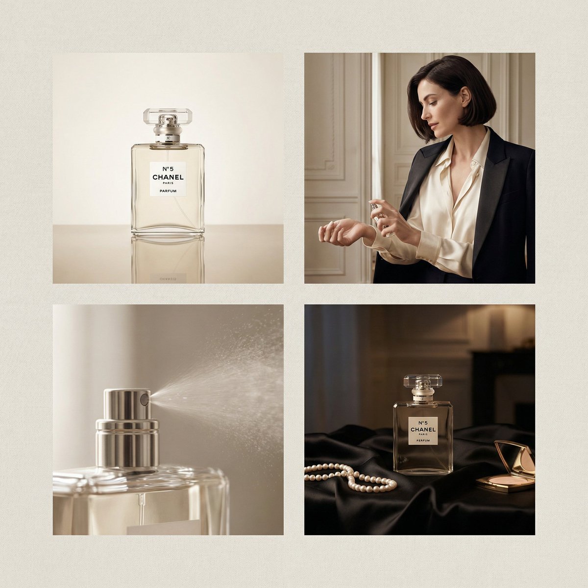 A four-panel perfume advertisement showing a bottle, a woman applying fragrance, a mist close-up, and a dark glamour scene.
