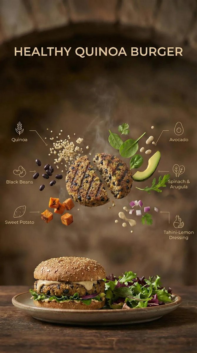 Exploded quinoa burger with floating ingredients above a plated burger