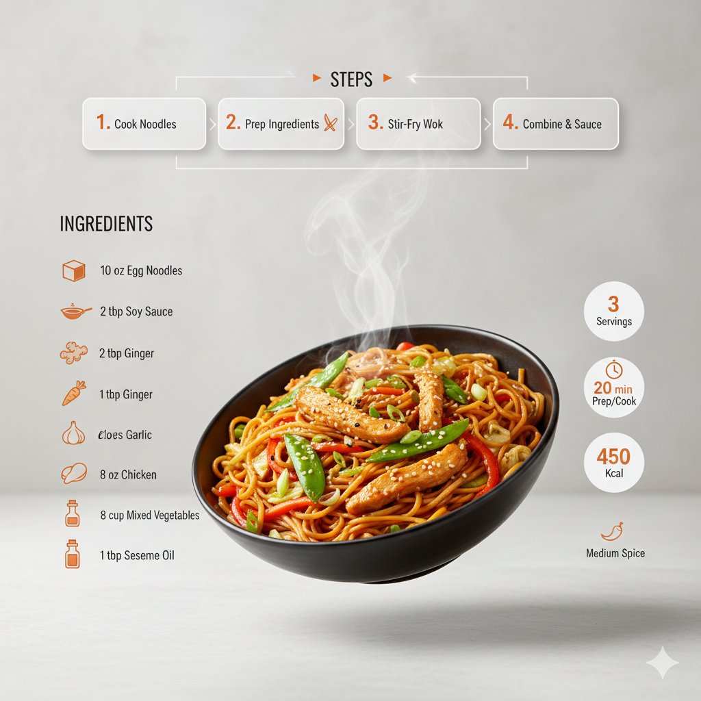 A noodle recipe infographic with a central bowl of chow mein, ingredients on the left, and step boxes above.