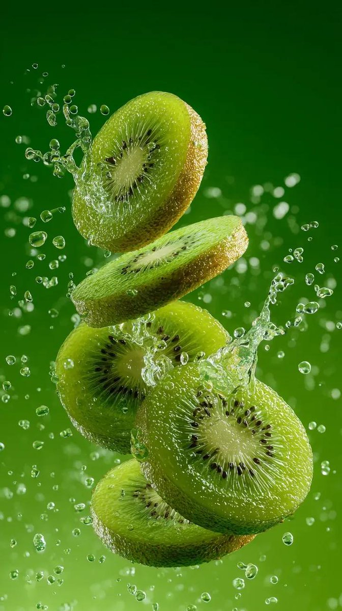 Floating kiwi slices with water splashes on a bright green background.
