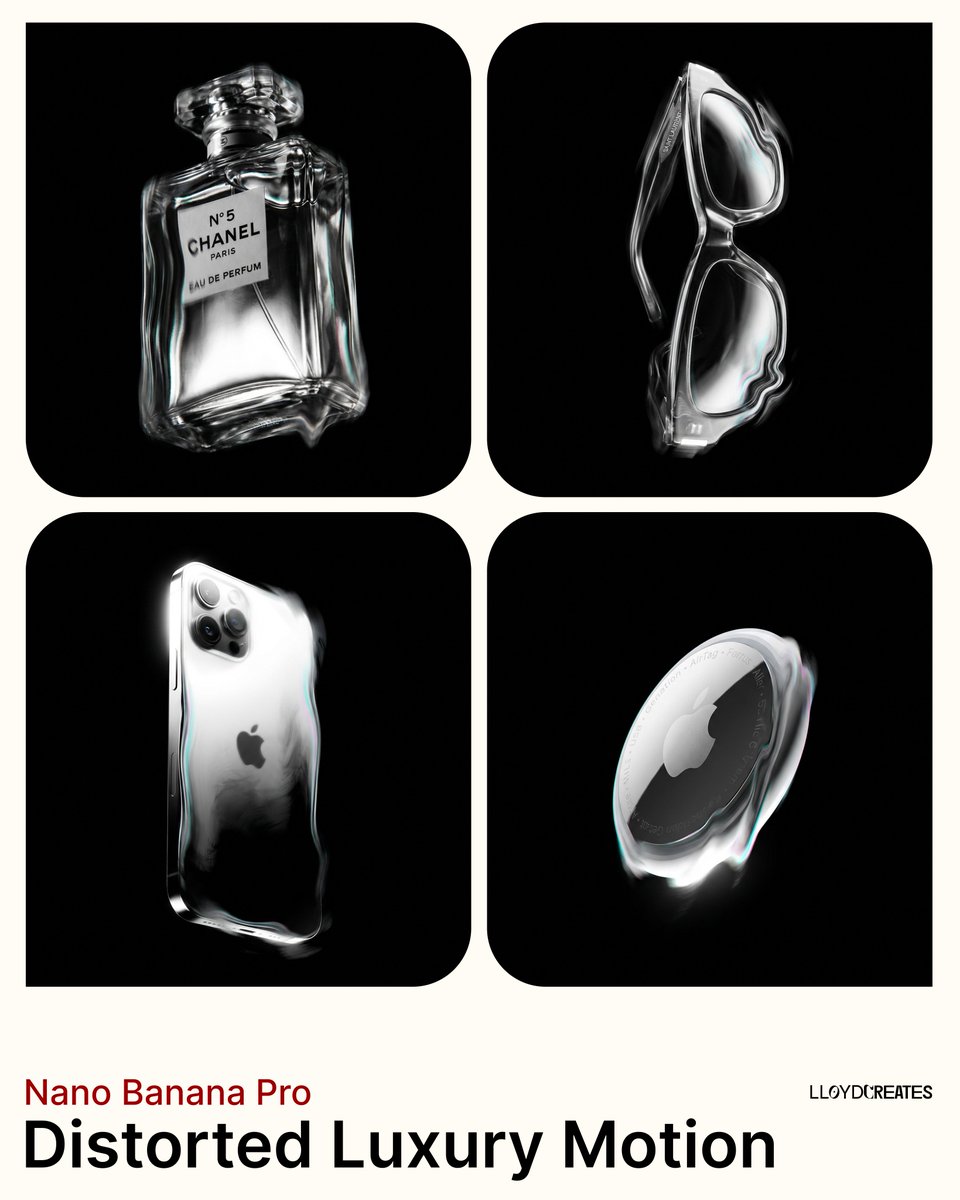 Four distorted luxury product images on black backgrounds in rounded square frames.