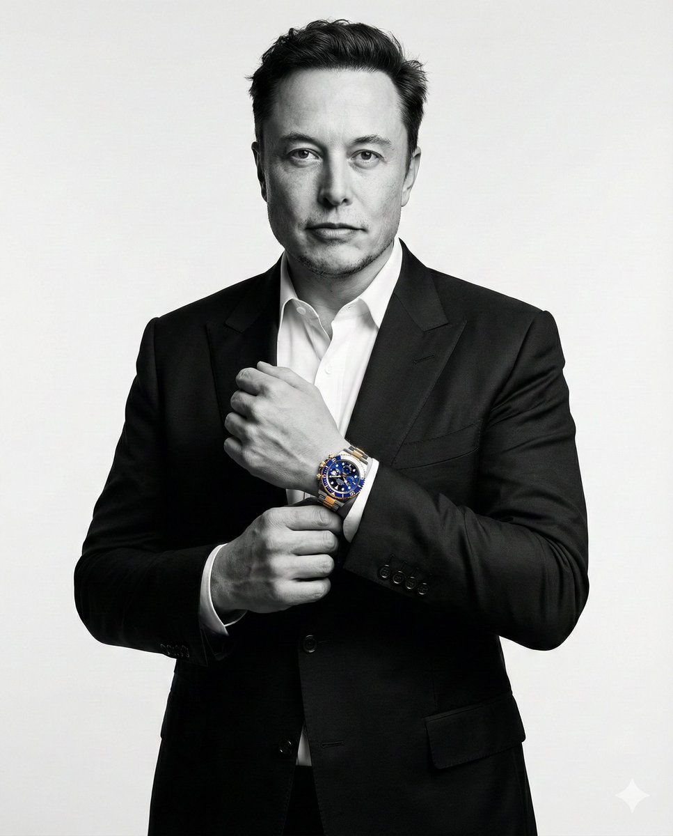 Man in a dark suit poses in a black-and-white studio portrait with a blue-and-gold wristwatch.