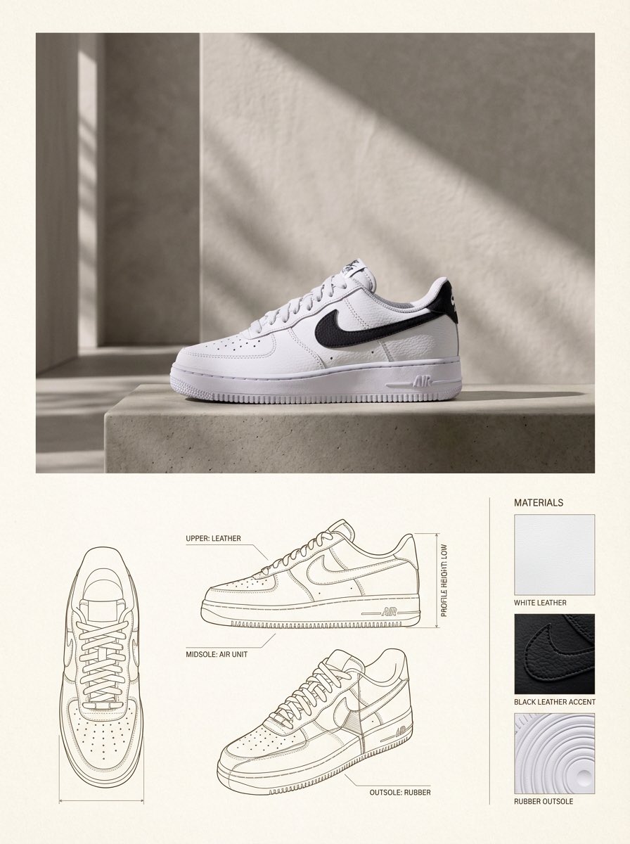 Sneaker hero image above technical drawings and material swatches on a neutral layout.