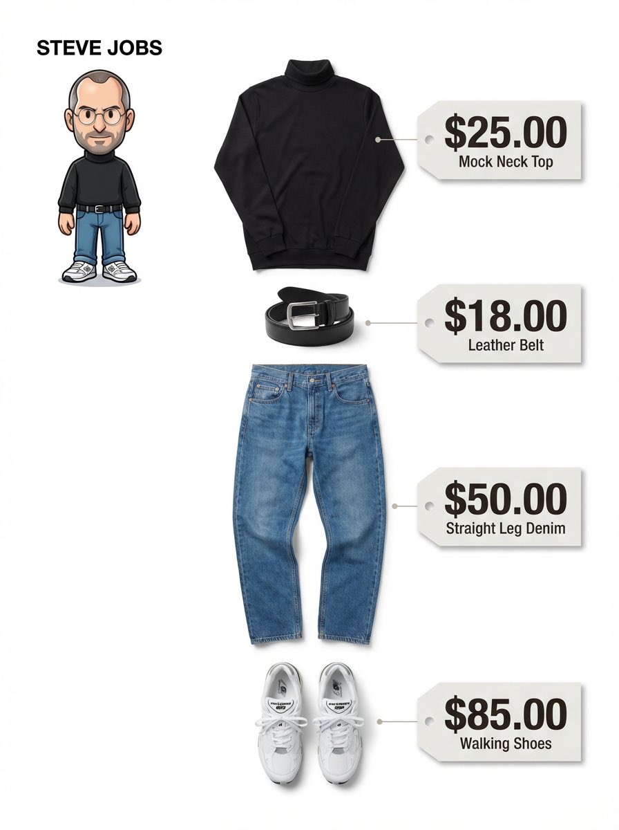 White outfit breakdown poster with black top, jeans, sneakers, price tags, and a small cartoon figure.