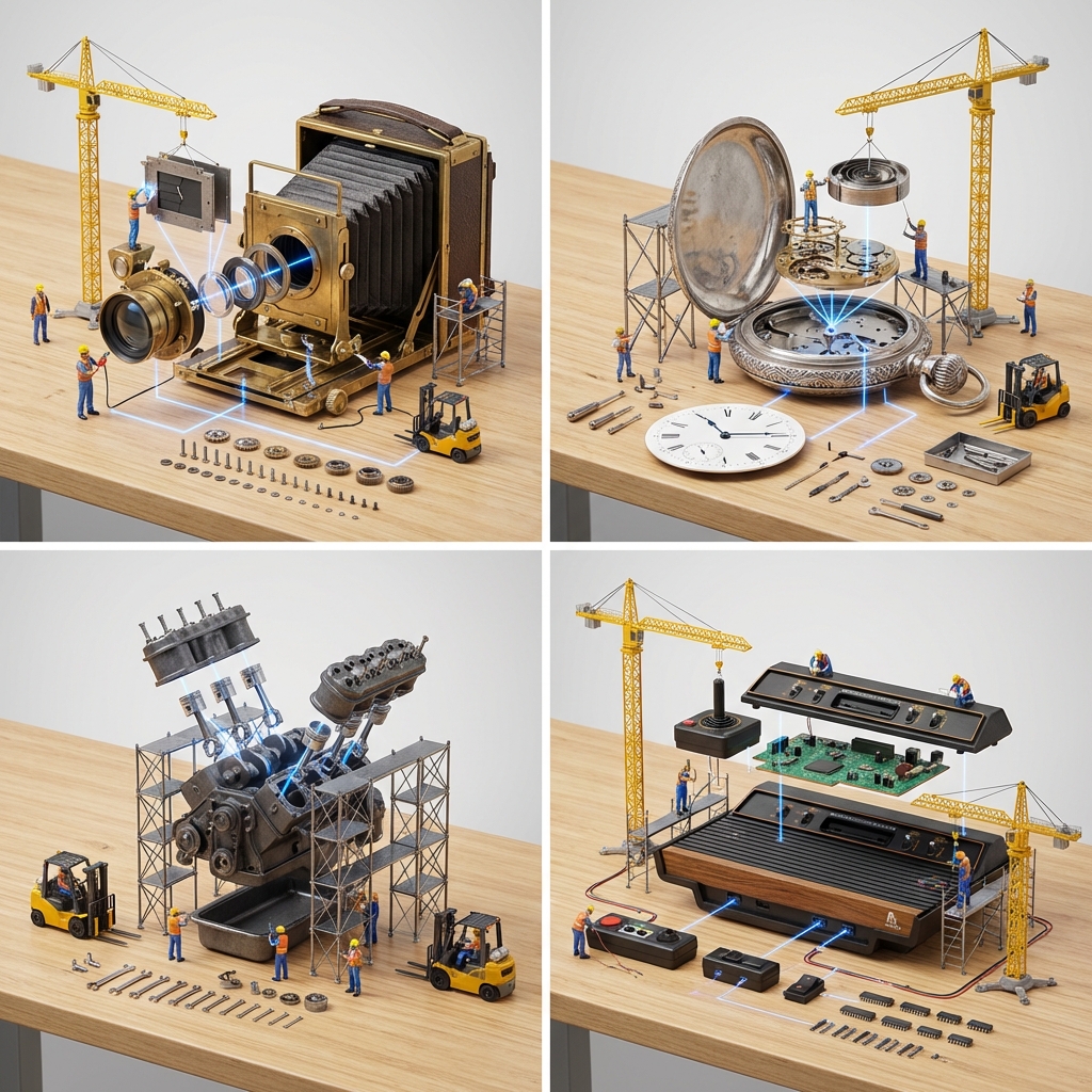 A grid of tabletop exploded-view mechanical devices with tiny cranes, workers, and glowing blue lines.