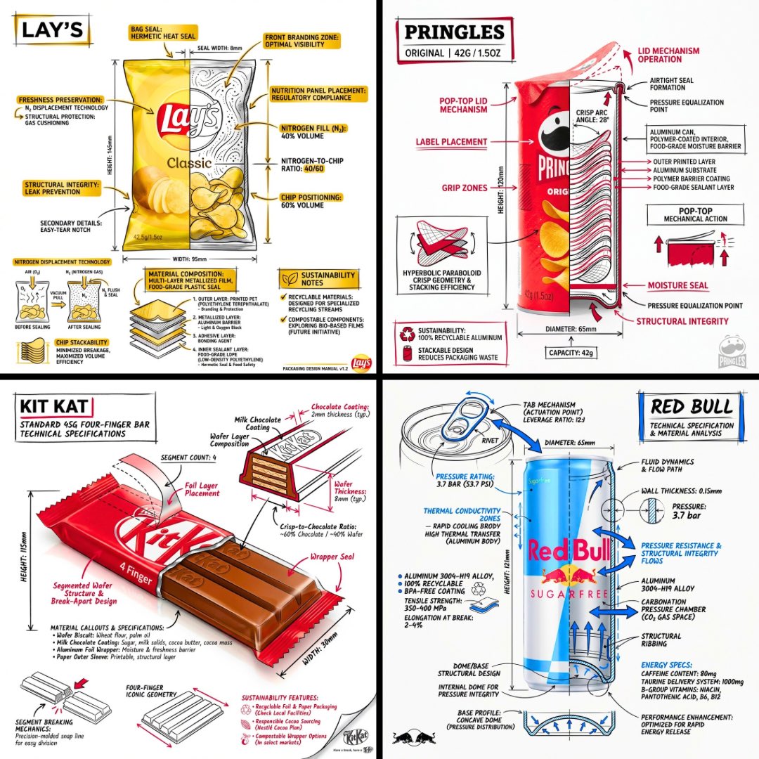 Four snack package technical infographics with annotated cutaways for chips, crisps, chocolate, and an energy drink can.