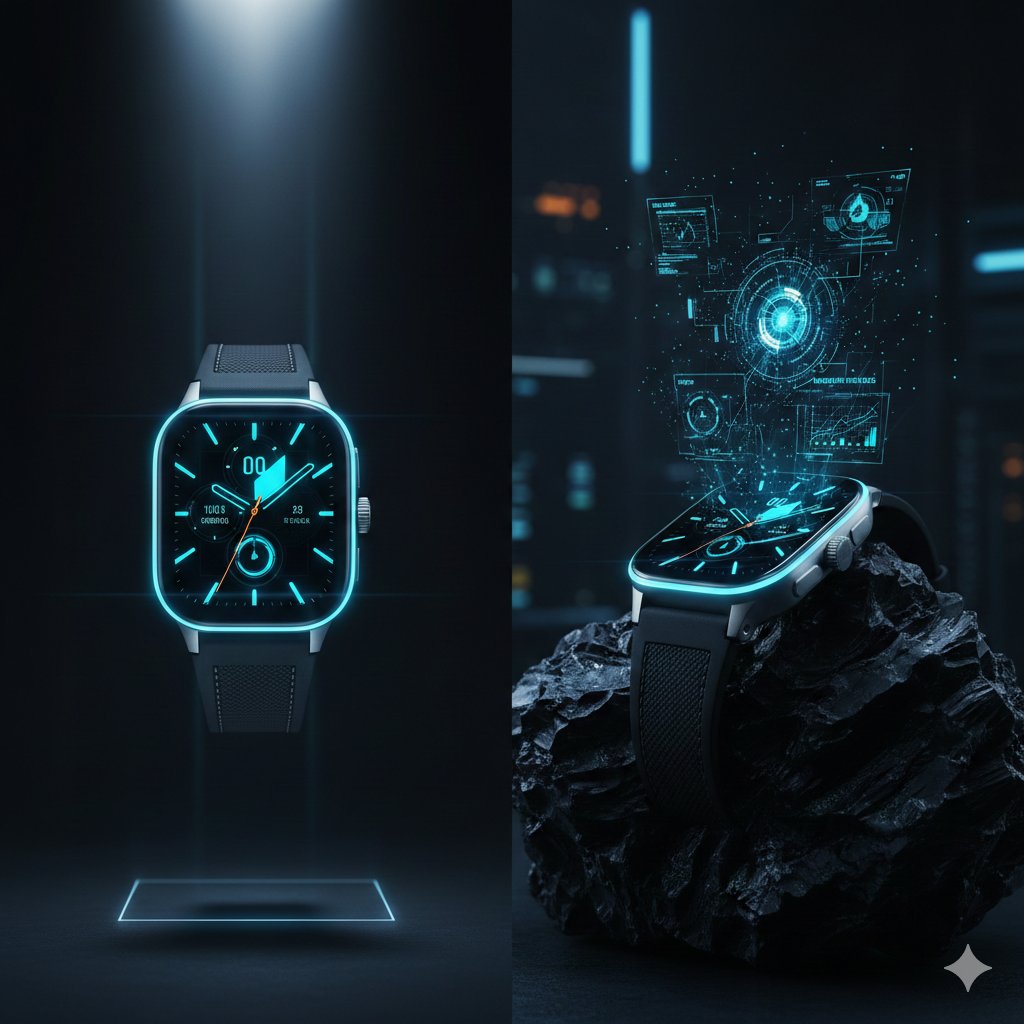Futuristic smartwatch shown front-facing beside a rocky pedestal with glowing blue interface graphics.