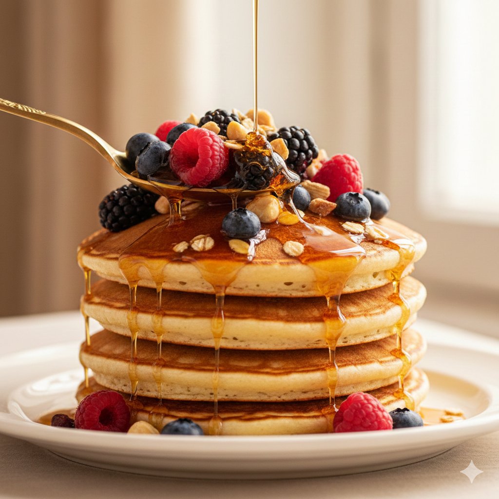 Close-up stack of pancakes topped with berries, nuts, and maple syrup on a plate.