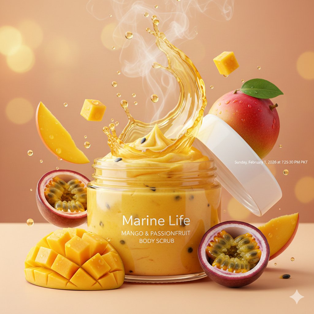 An open jar of mango and passionfruit body scrub with floating fruit and a lifted white lid.