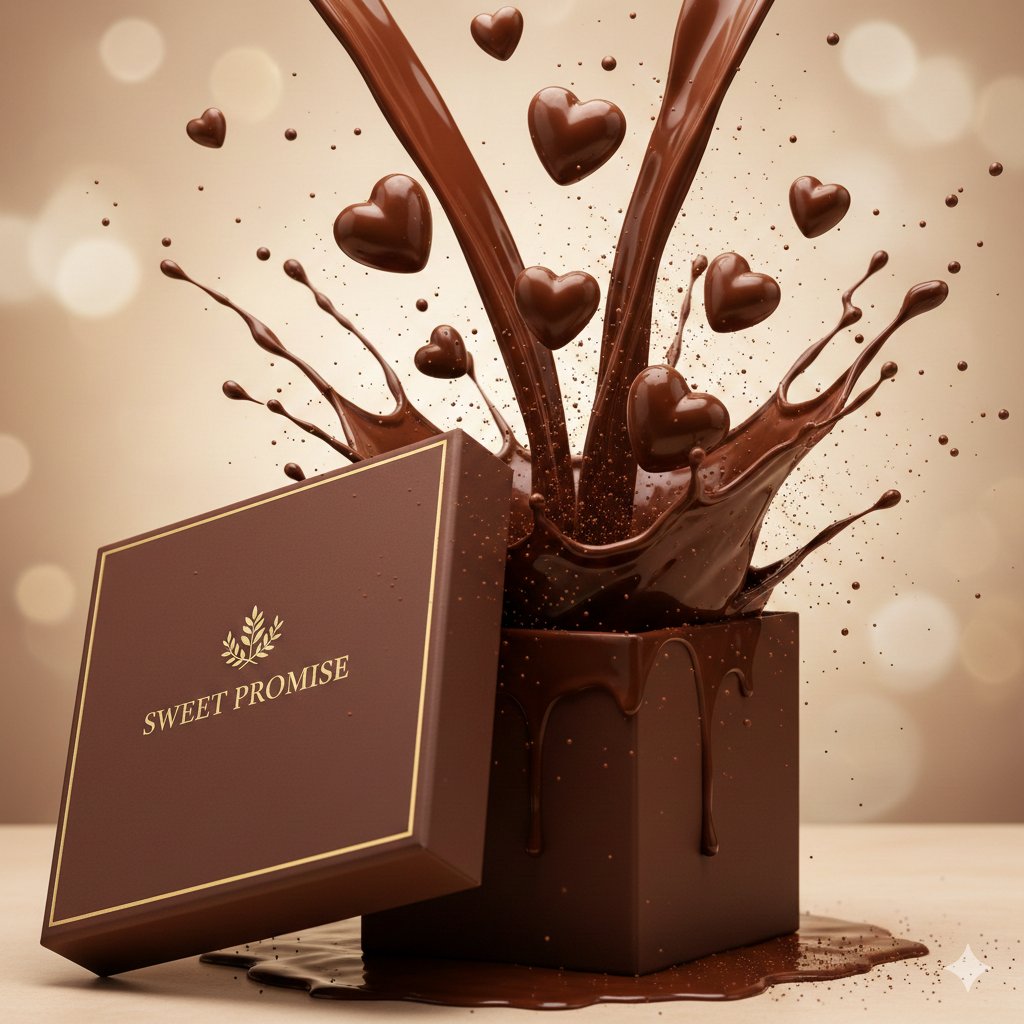 A chocolate gift box spills molten chocolate upward with floating heart-shaped chocolates on a warm beige background.