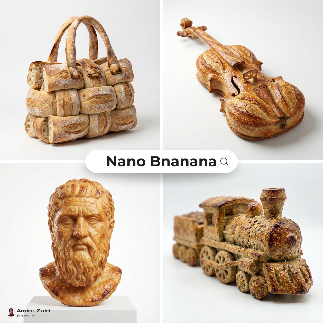 A four-panel collage showing bread sculptures shaped like a bag, violin, bust, and train.