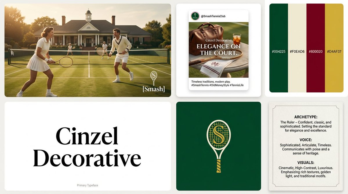 Six-panel brand identity board with hero photo, Instagram mockup, color swatches, typography, logo, and manifesto text.