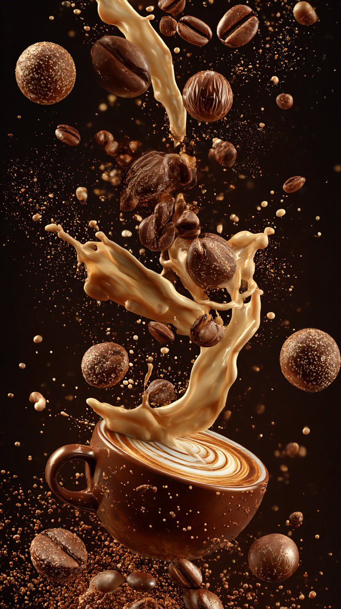 Coffee beans and creamy liquid splash above a cup on a black background.