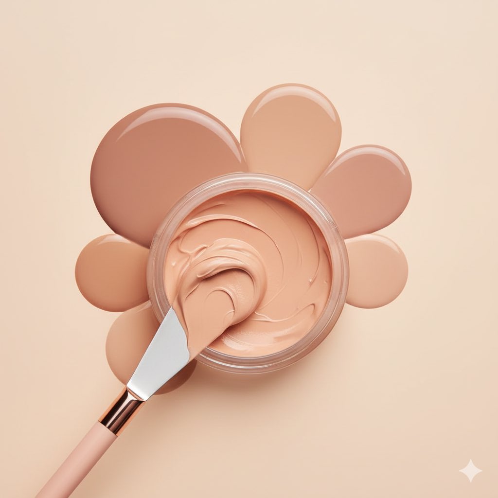 Top-down macro of cream blush being swirled with a spatula beside rounded product dollops.