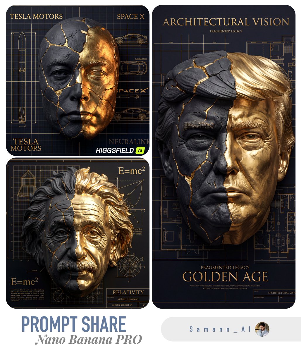 Split-face sculptural portrait with cracked black stone and polished gold on a blueprint background.