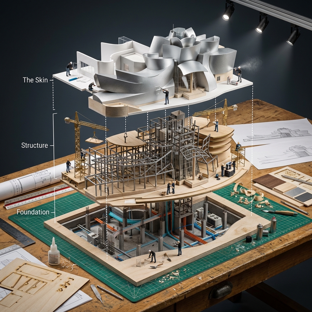 Exploded architectural model with facade, structure, and foundation layers on a drafting table
