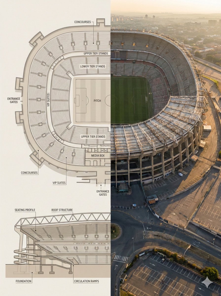 Split poster showing a stadium floor plan on the left and aerial exterior on the right.