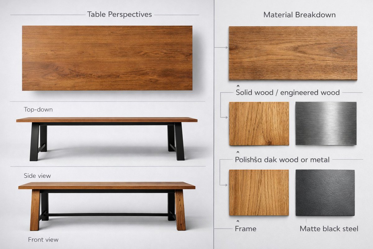 Furniture presentation sheet showing table views and wood and metal swatches.