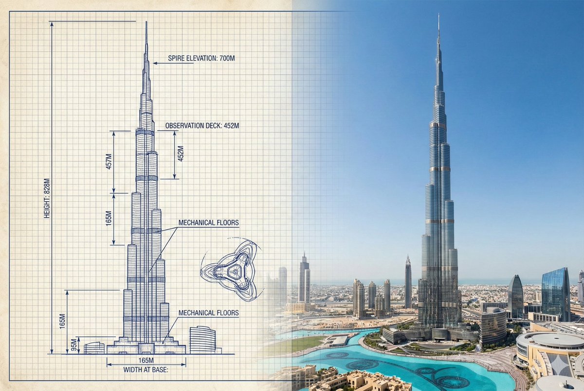 Split image showing a Burj Khalifa technical sketch beside a daylight photo of the tower.