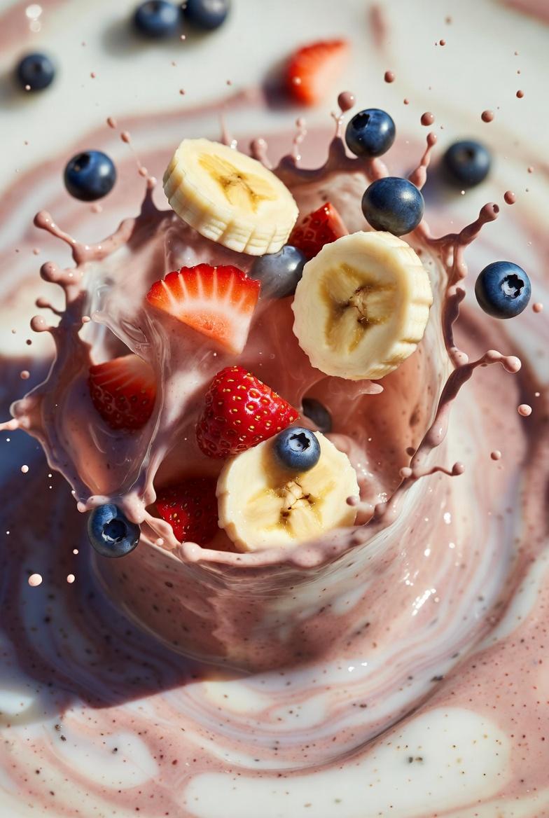 A smoothie splash with banana slices, strawberries, and blueberries frozen mid-air.