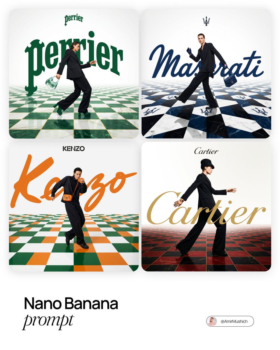 Four luxury-style fashion campaign panels with models, oversized brand lettering, and perspective checkerboard floors.