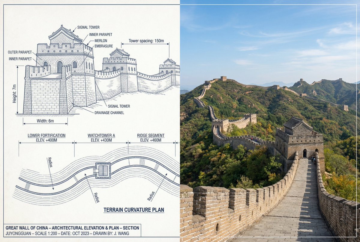 Split poster with a Great Wall technical sketch on the left and a real mountain photo on the right.