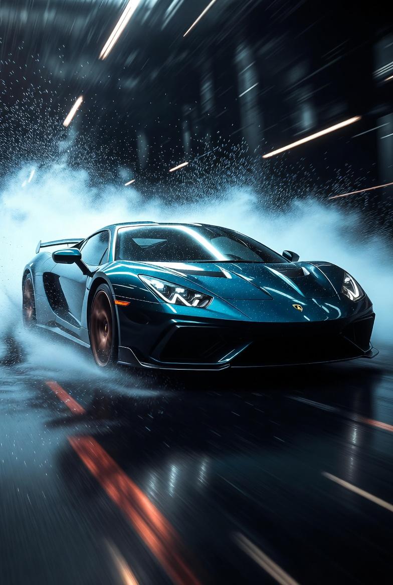 A teal sports car drives through mist with dramatic light streaks.