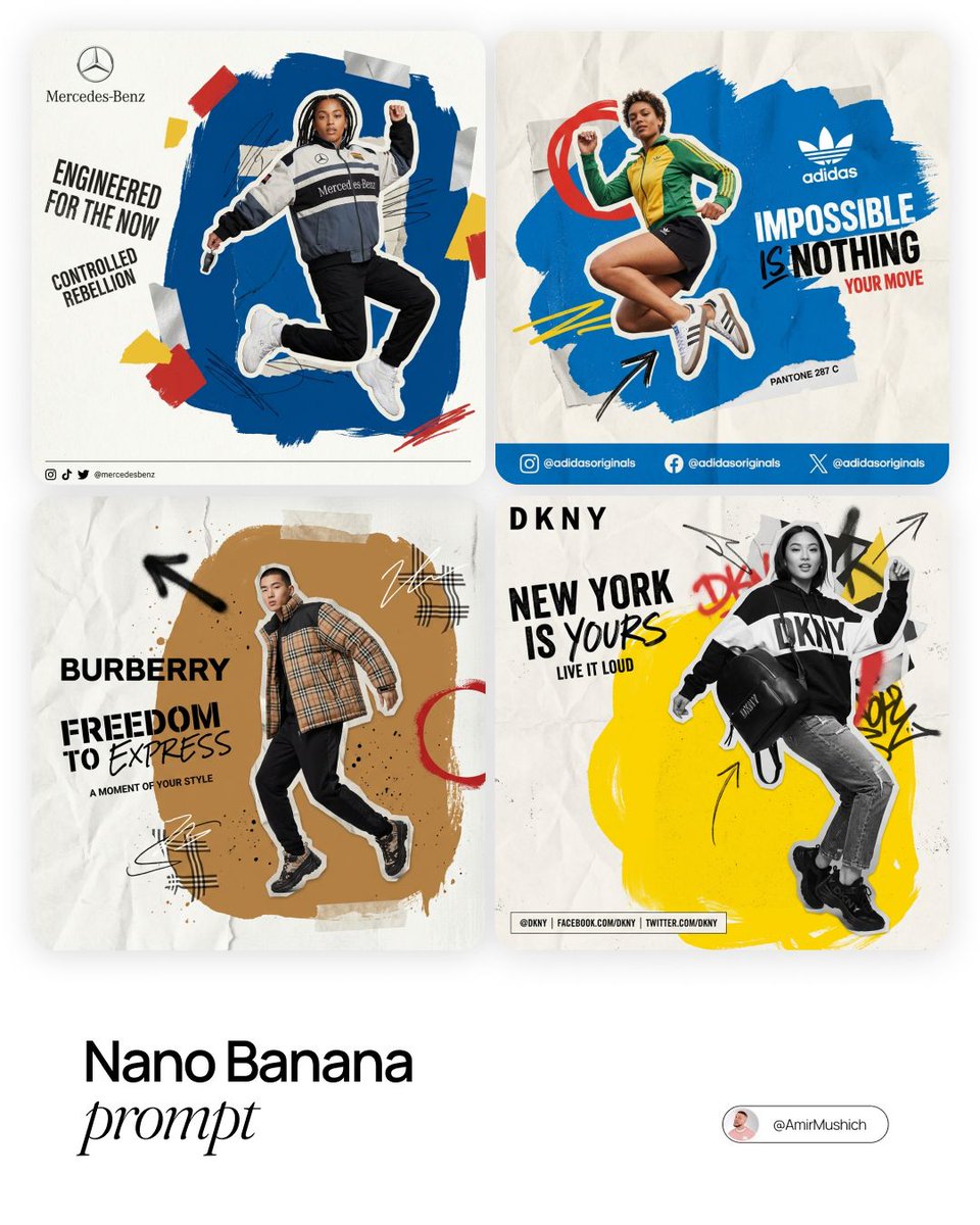 A brand collage shows a cutout athlete over blue and yellow paint shapes with campaign text and logos.