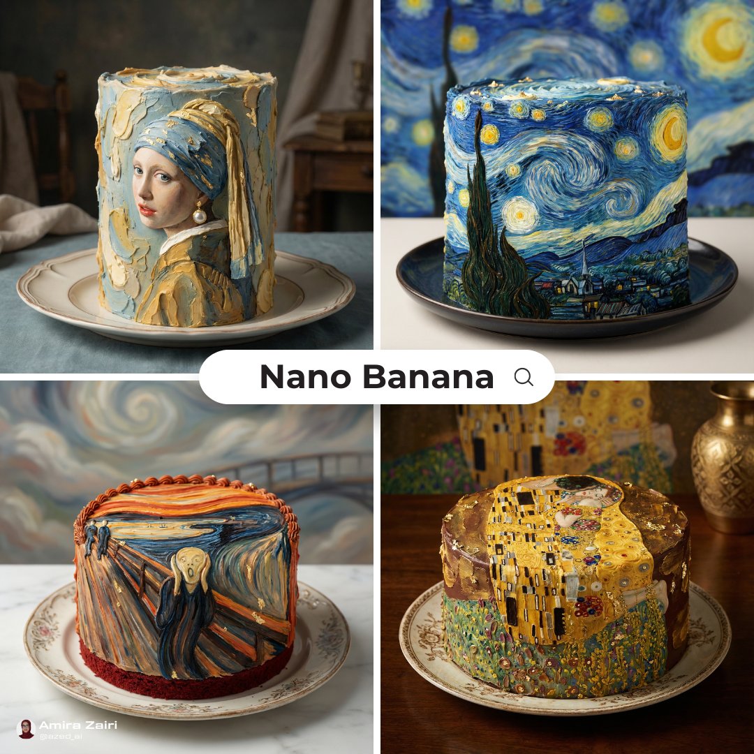 A tall cake decorated with textured frosting to resemble a painting, shown on a plate in studio lighting.