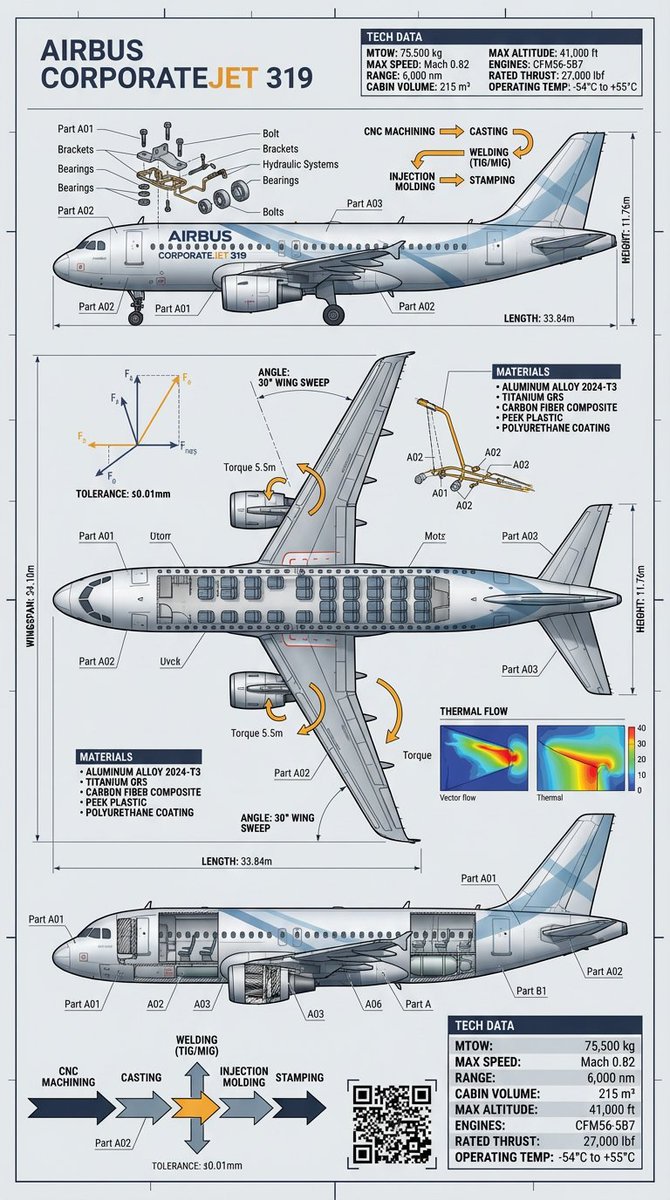 Engineering infographic of an airplane with dimensions, part labels, and cutaway views.