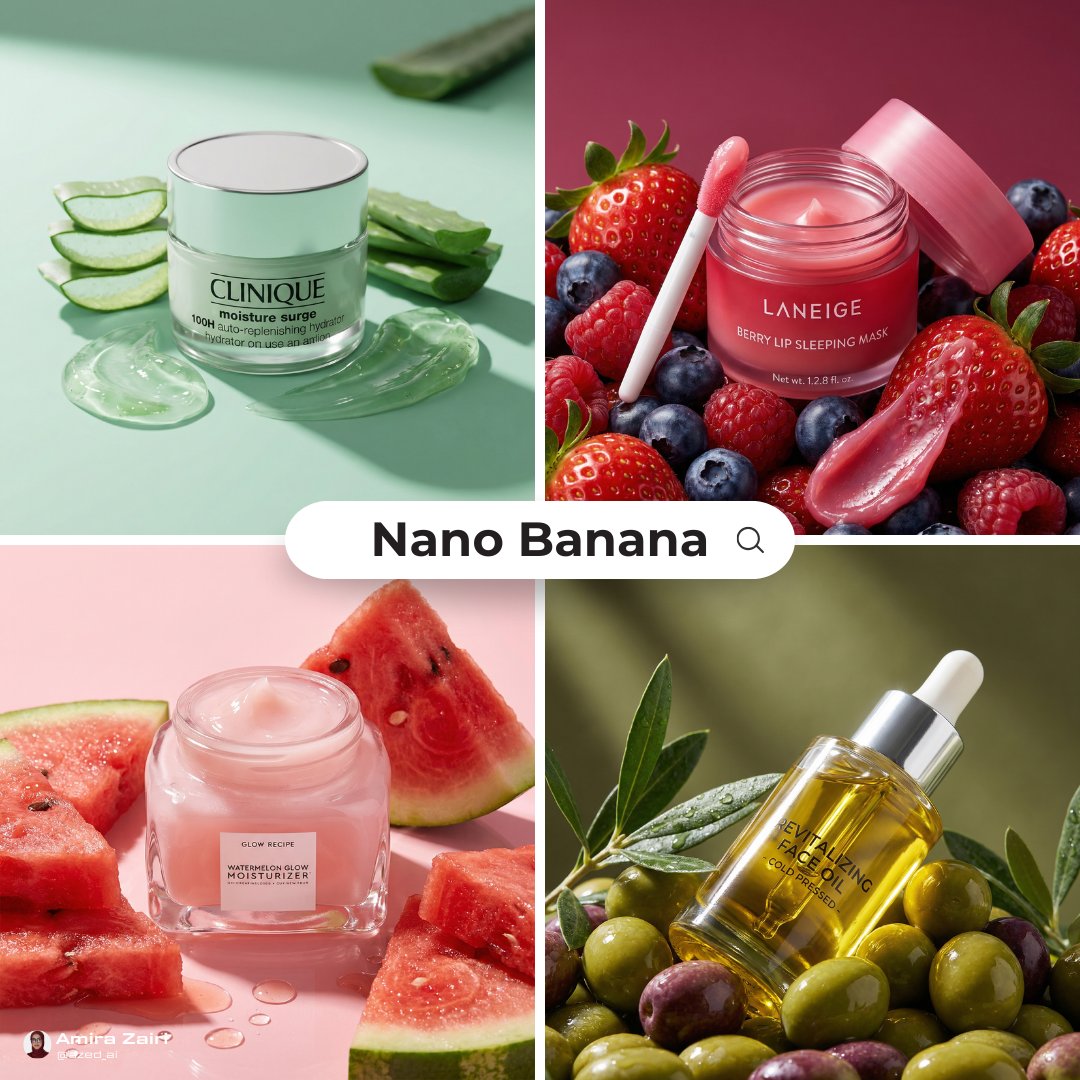 Four skincare product ads show jars and bottles surrounded by matching fruit or plant ingredients.