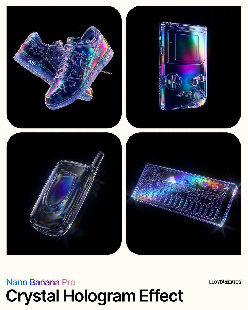 Four iridescent holographic products shown on black backgrounds in a grid layout