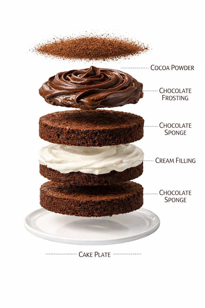 Exploded view of a labeled chocolate cake with separated layers on a white background.