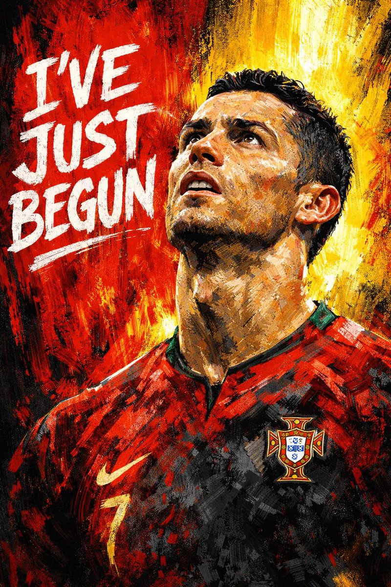 A painted footballer portrait with the words 'I'VE JUST BEGUN' on a red and yellow background.