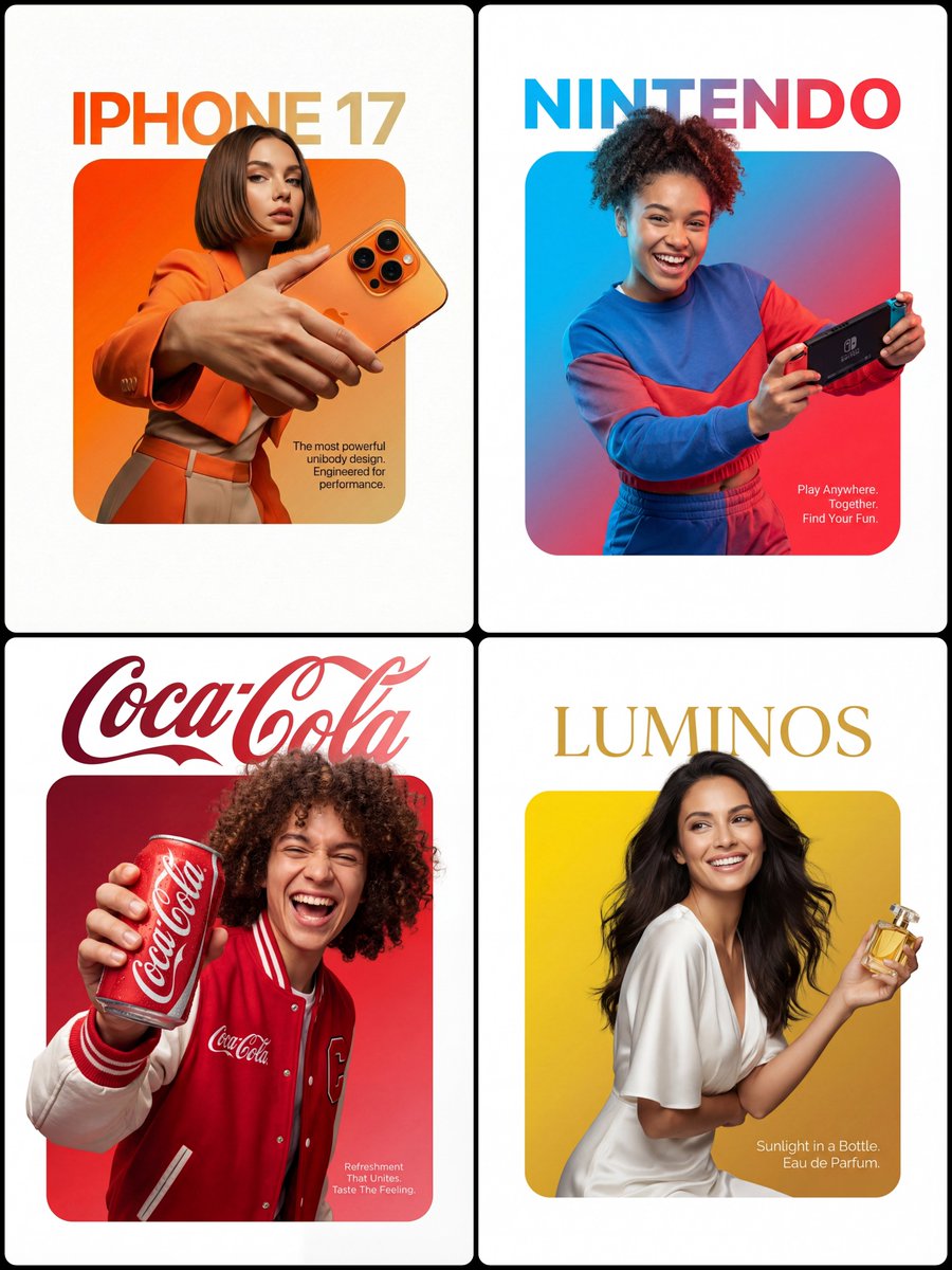 A four-panel ad template showing people and products breaking out of colorful rounded square frames.