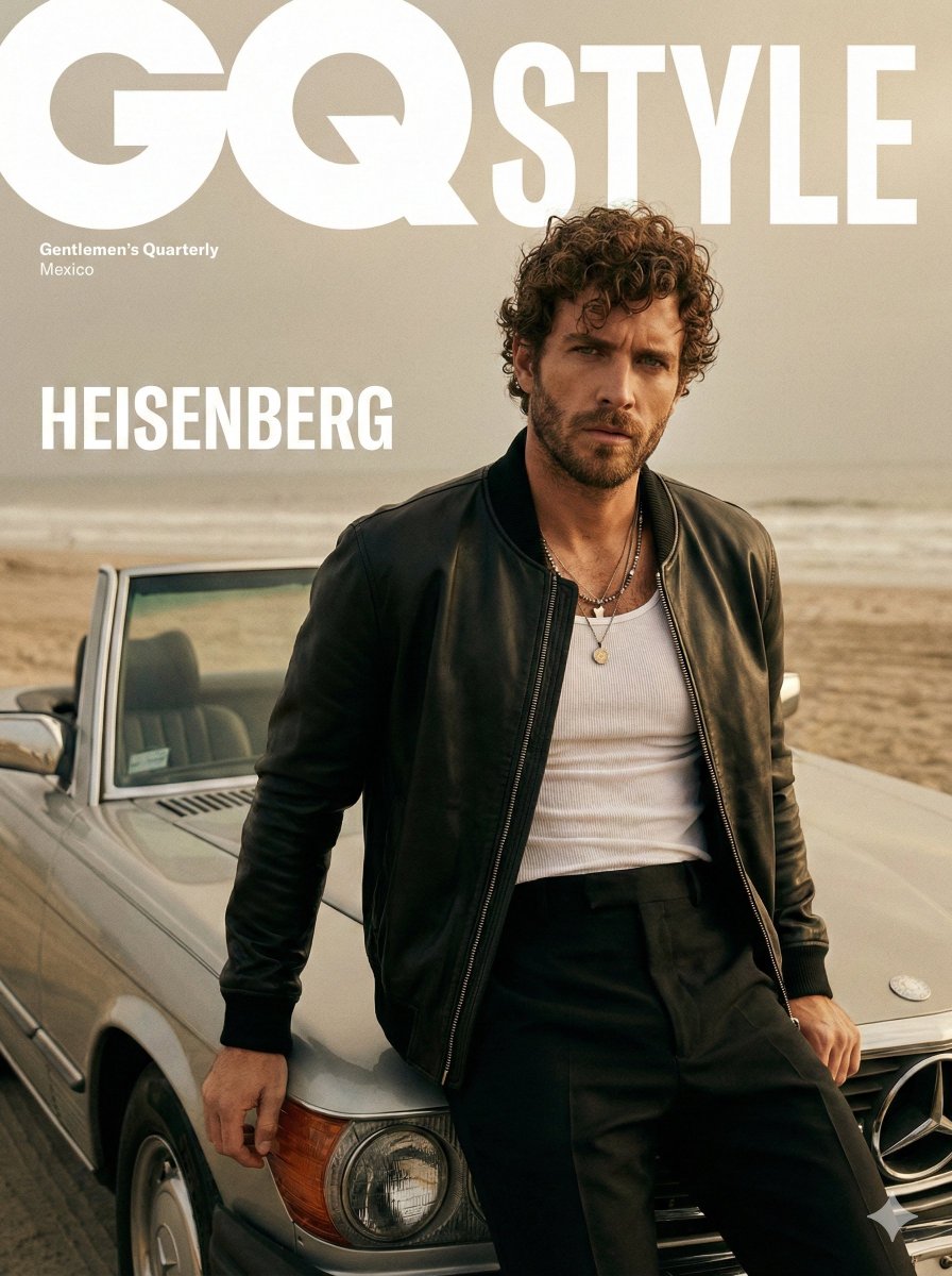 Men's fashion magazine cover with a model in a leather jacket leaning on a silver convertible at the beach.