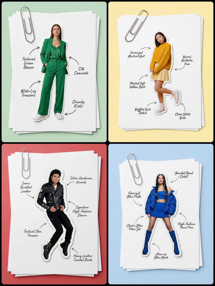 Top-down fashion scrapbook page with a cutout model, paperclip, and handwritten outfit labels