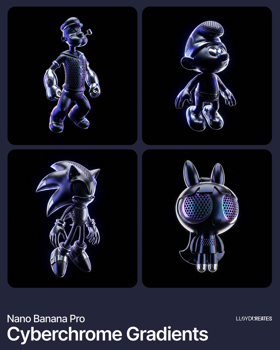 Glossy black and purple chrome cartoon figurine floating on a black background.