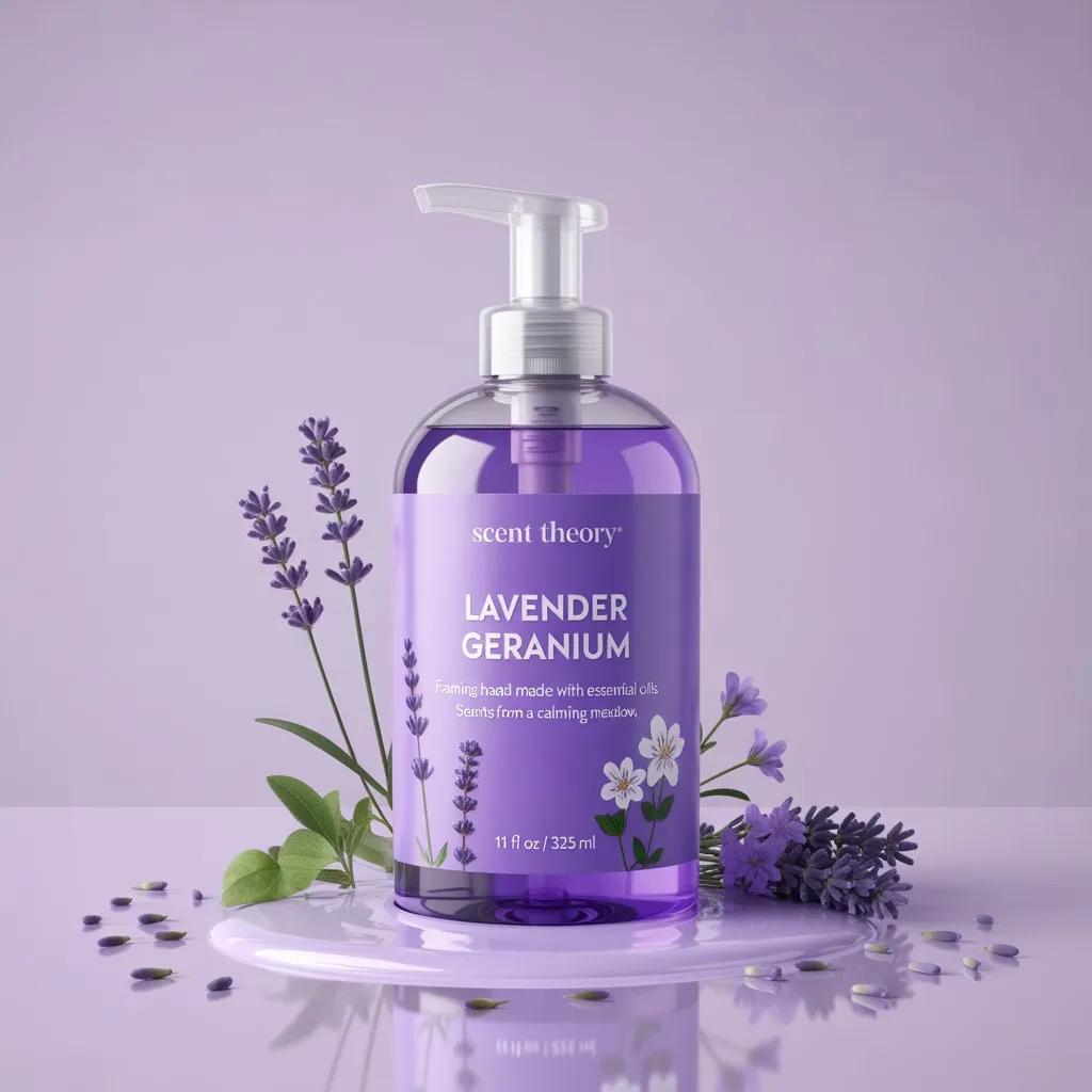 A purple pump bottle surrounded by lavender sprigs on a pale lavender background.