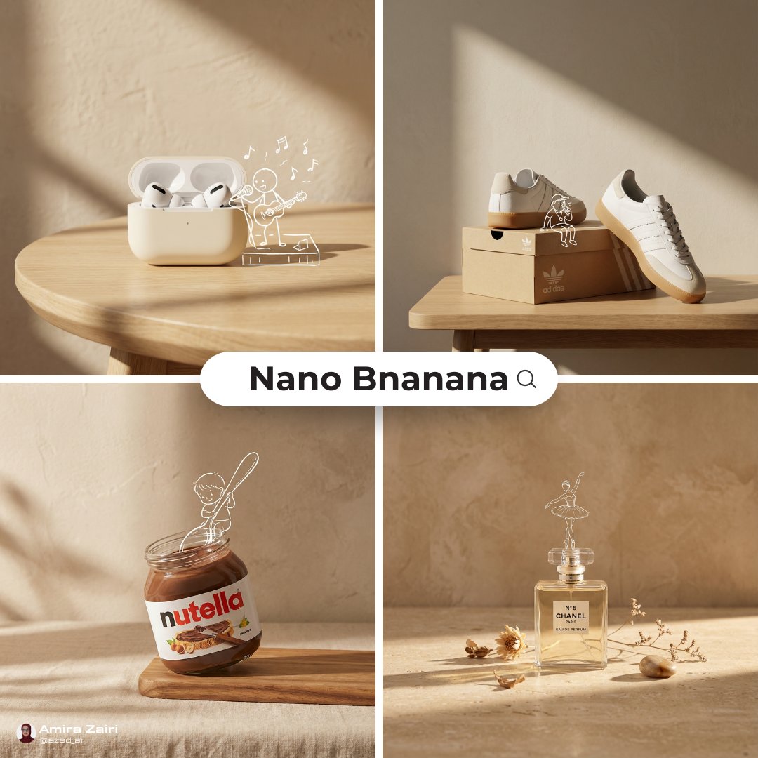 A white earbud case on a wooden table with a doodle figure and musical notes beside it