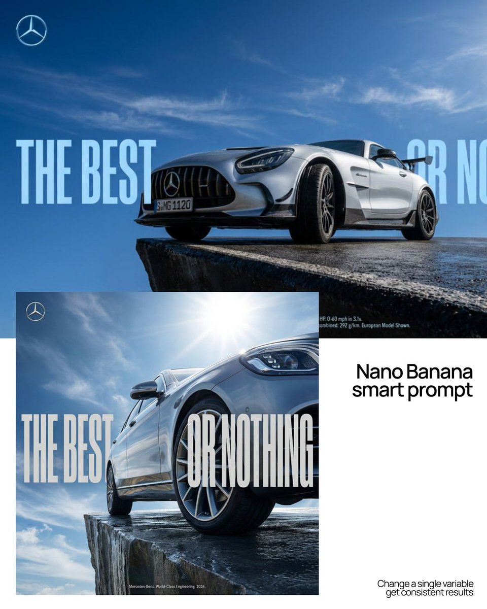 A silver sports car on a cliff with large slogan text and a blue sky background.