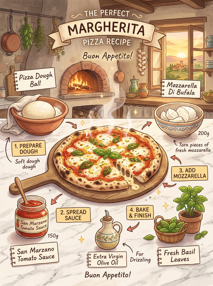 Illustrated margherita pizza recipe infographic in a cozy Italian kitchen