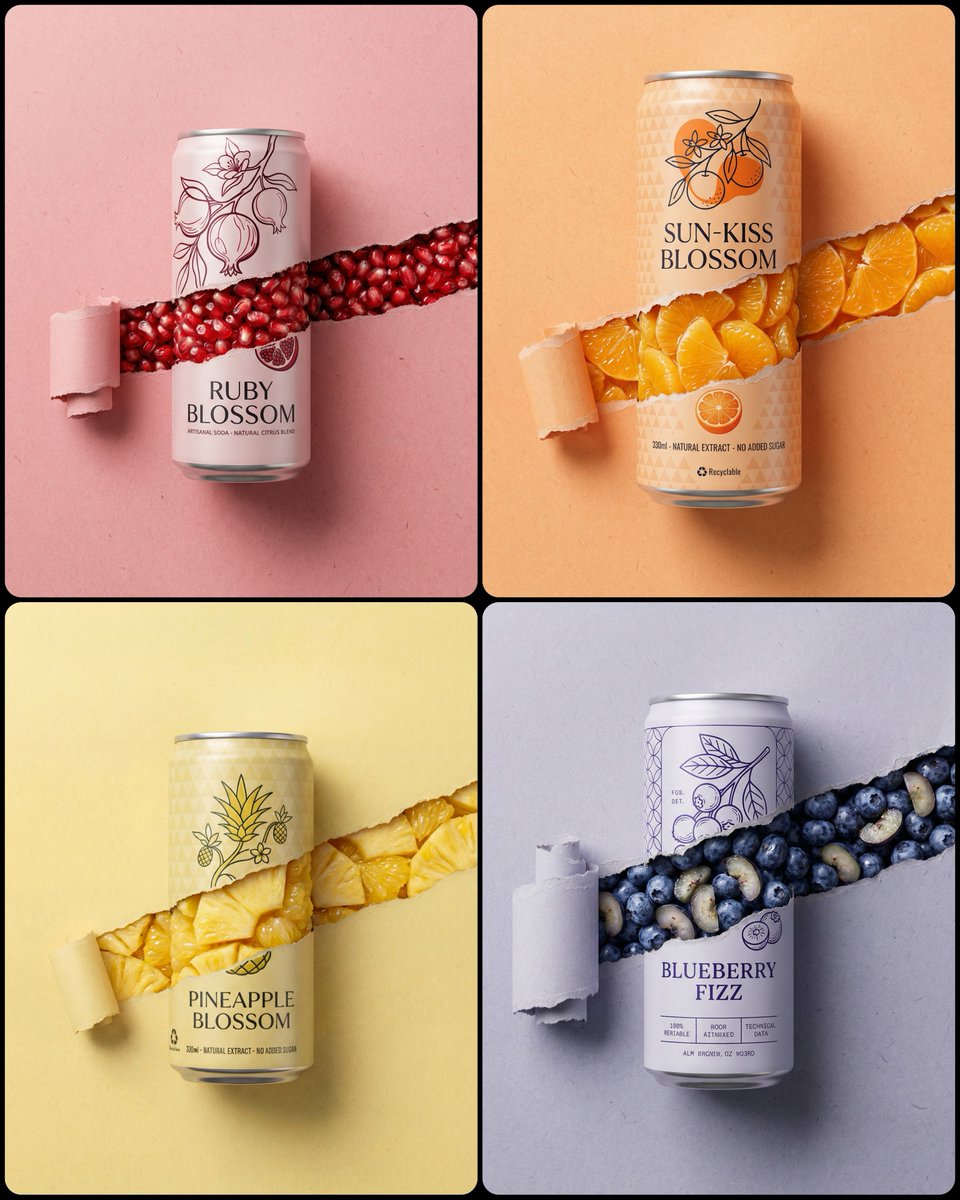 A fruit soda can sits on a pink background with a torn strip revealing ruby-red fruit pieces.