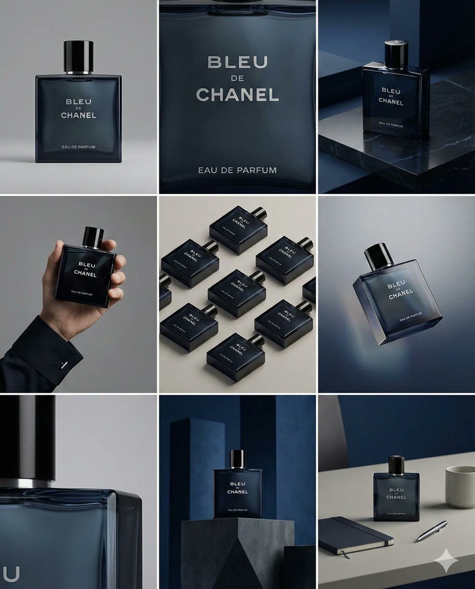 A 3x3 grid of dark perfume bottle mockups in different studio compositions.
