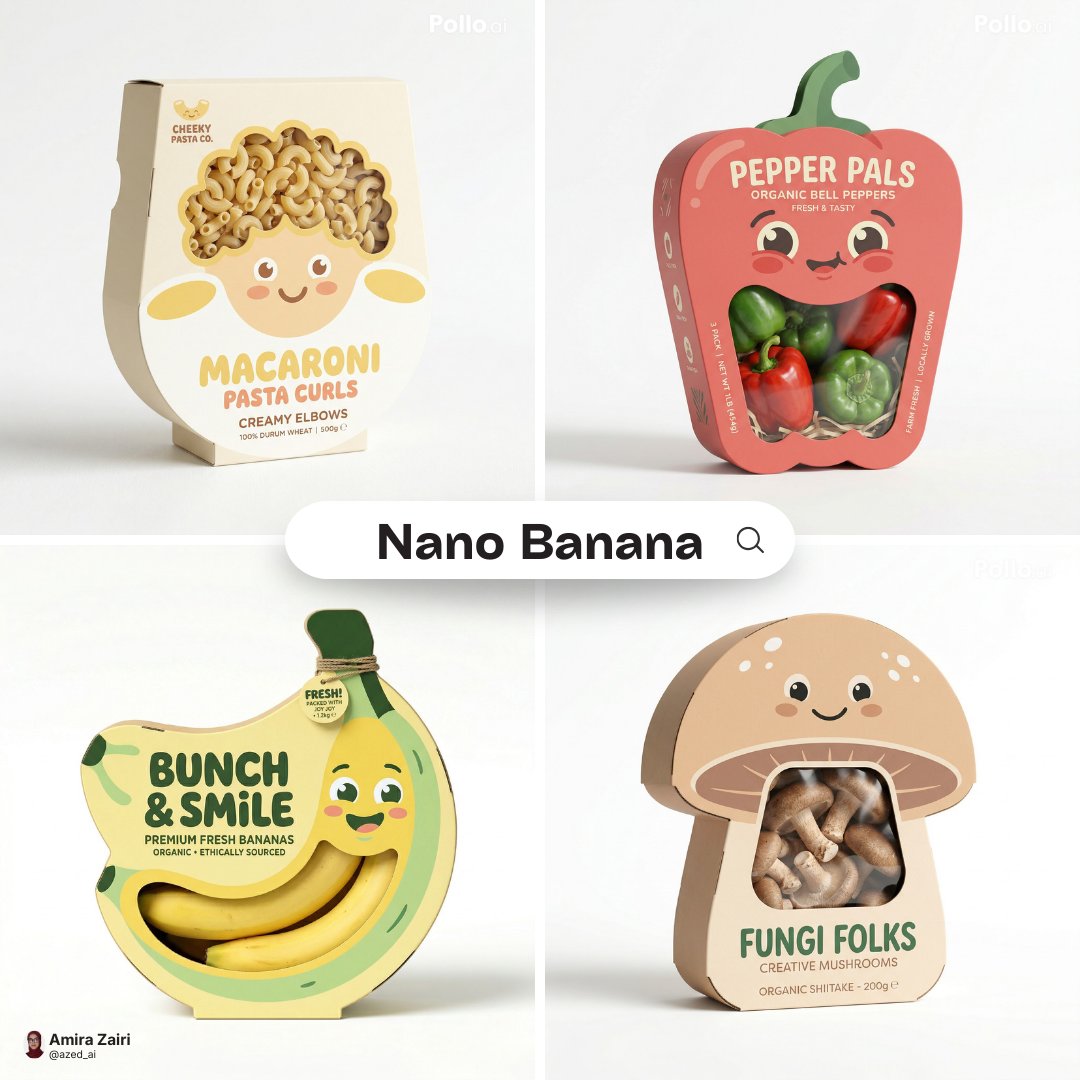 Four cute product packaging mockups with cartoon faces on a white background.