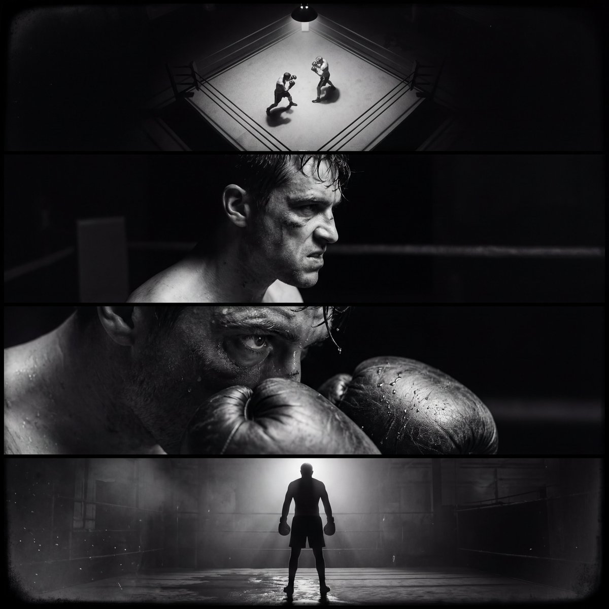 A black-and-white four-panel boxing scene shows a fight from overhead, close-up, and backlit angles.