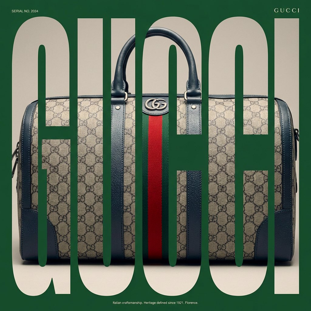 A Gucci duffel bag revealed through giant cut-out letters on a green background.