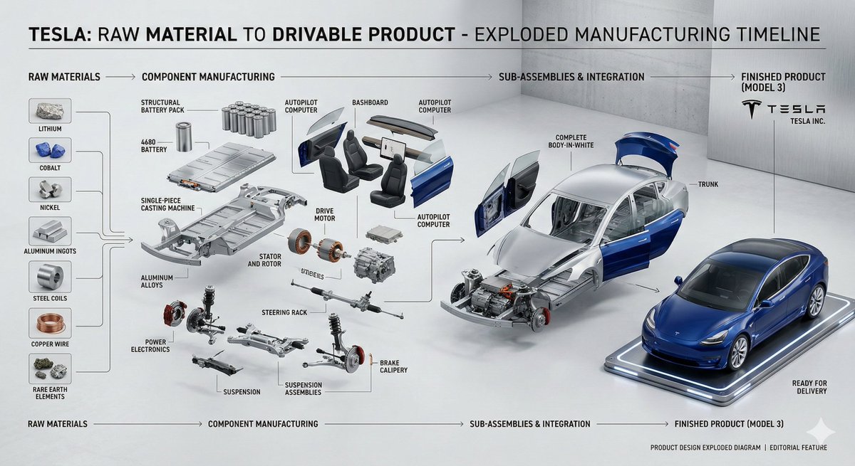 Exploded Tesla manufacturing timeline poster with labeled parts, assembly stages, and a finished blue car.